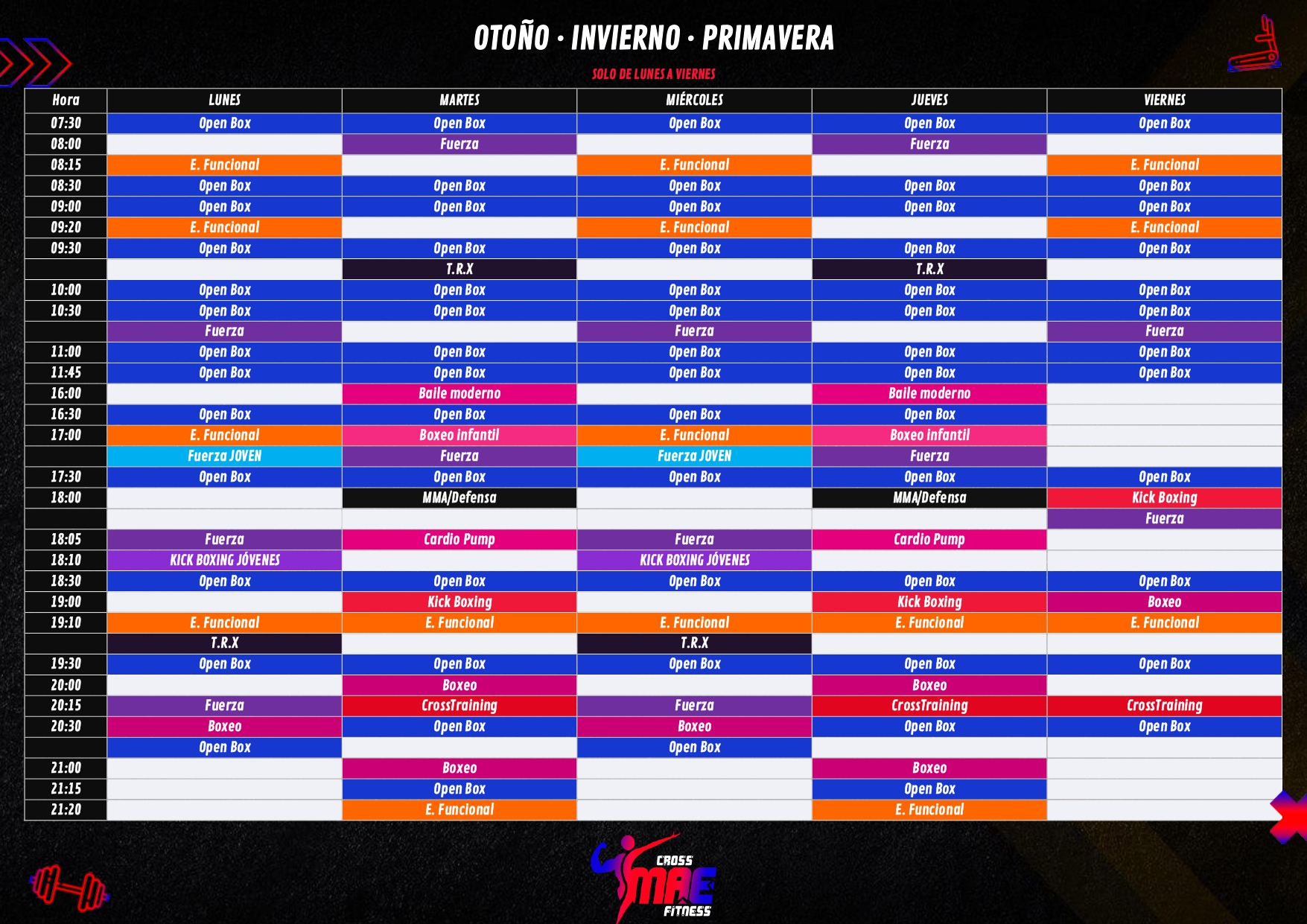 Horario de otoño, invierno y primavera 2026-2027 de Cross MAE Fitness en Navalmoral de la Mata